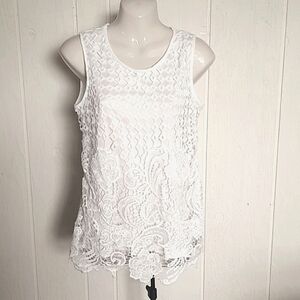 **3/$25** Beautiful White Sleeveless - Embroidered Lace Front Overlay -Sml